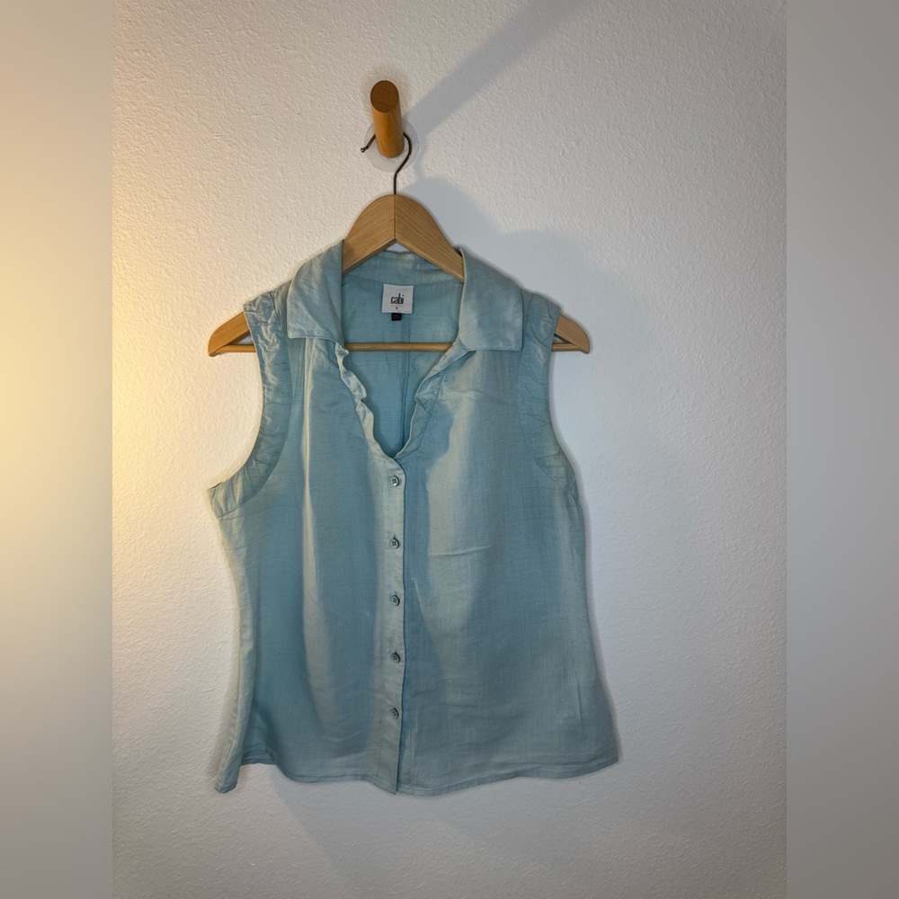 CAbi Women's Light Blue Button Down Sleeveless Shirt